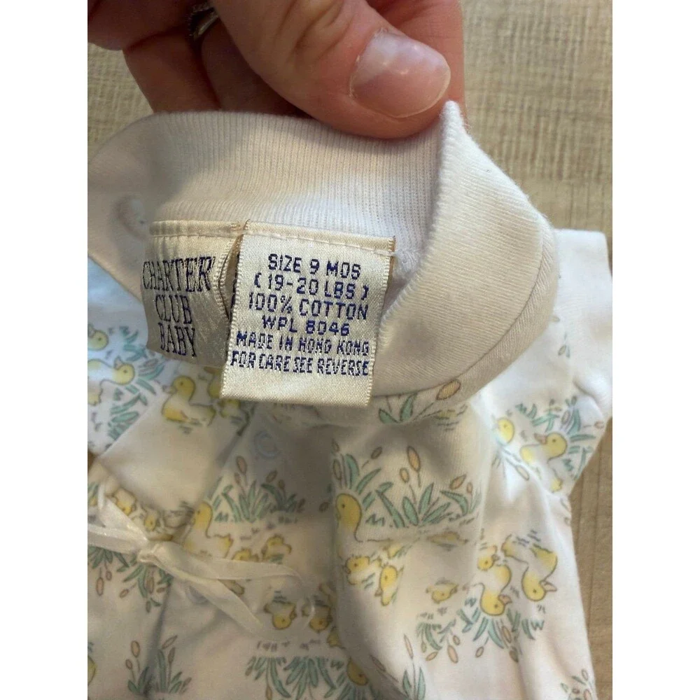 Vintage Charter Club Baby Duck Print Wrap Romper White Yellow Cotton Infant
